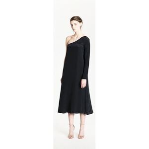 Ryan Roche black silk one shoulder long sleeve drape straight a-line midi dress